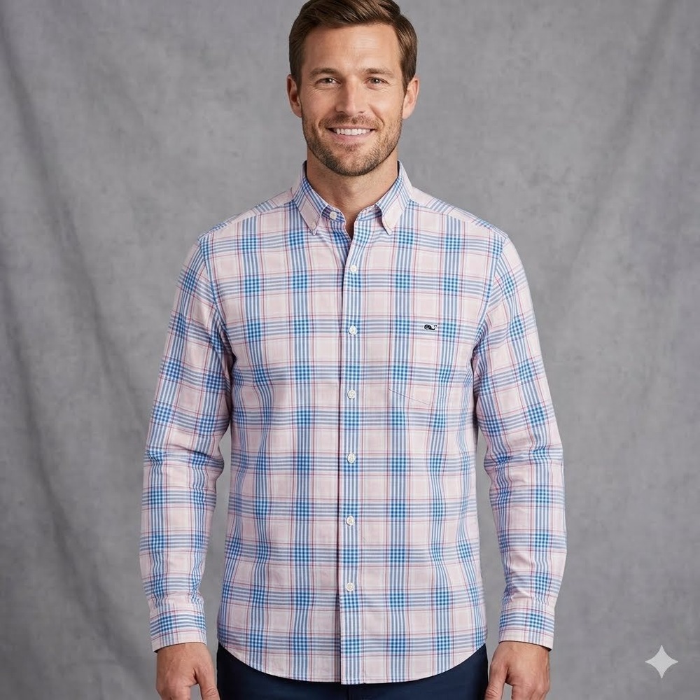 Vineyard Vines Mens Classic Fit Tucker Shirt Blue Pink Plaid Cotton Small S